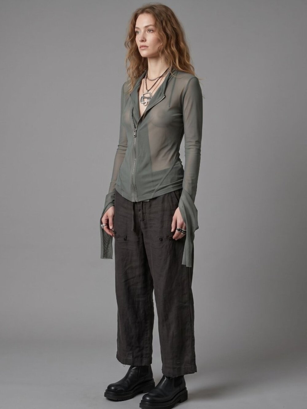 Rickf Owens Lilies SZ S Asymmetrical Sheer Mesh Boho Lux Long Sleeve Zip Jacket